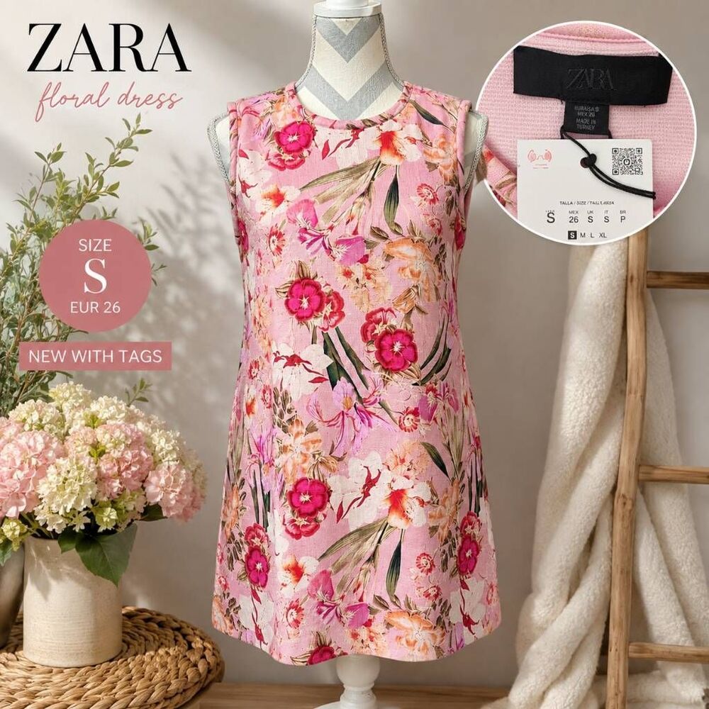 ZARA Women’s S Pink Floral Sleeveless Shift Dress Mini NWT - Picture 2 of 9